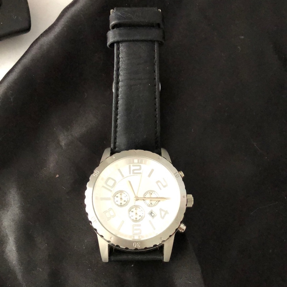 Silpada Large Face Chronograph Black Leather Silver Case Bezel Vintage